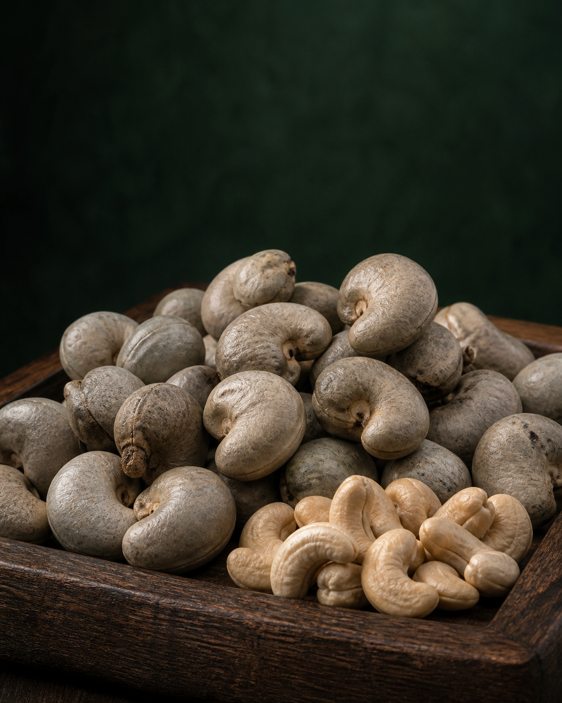 Whole cashew nuts and shelled kernels