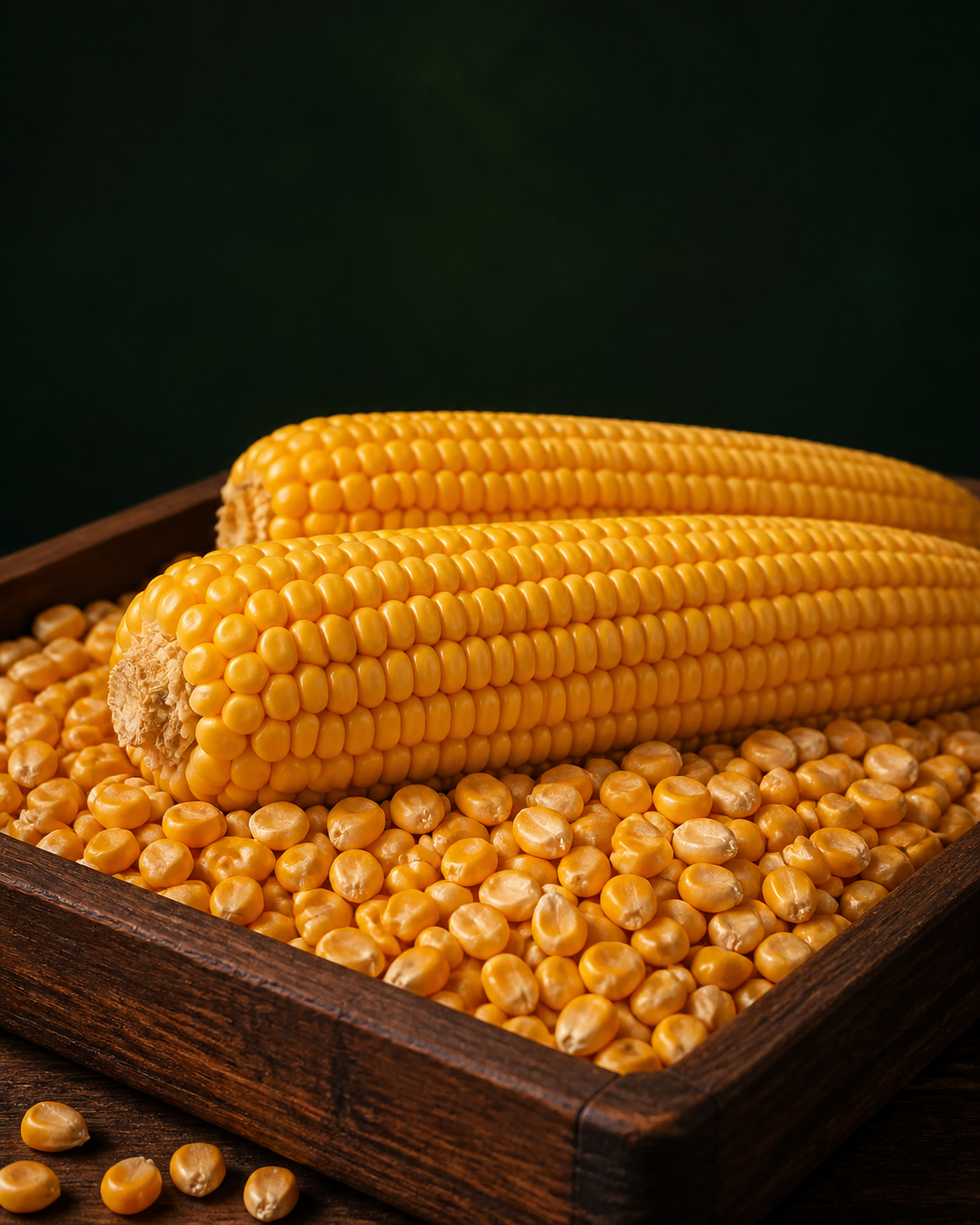 Fresh yellow maize kernels and corn cobs