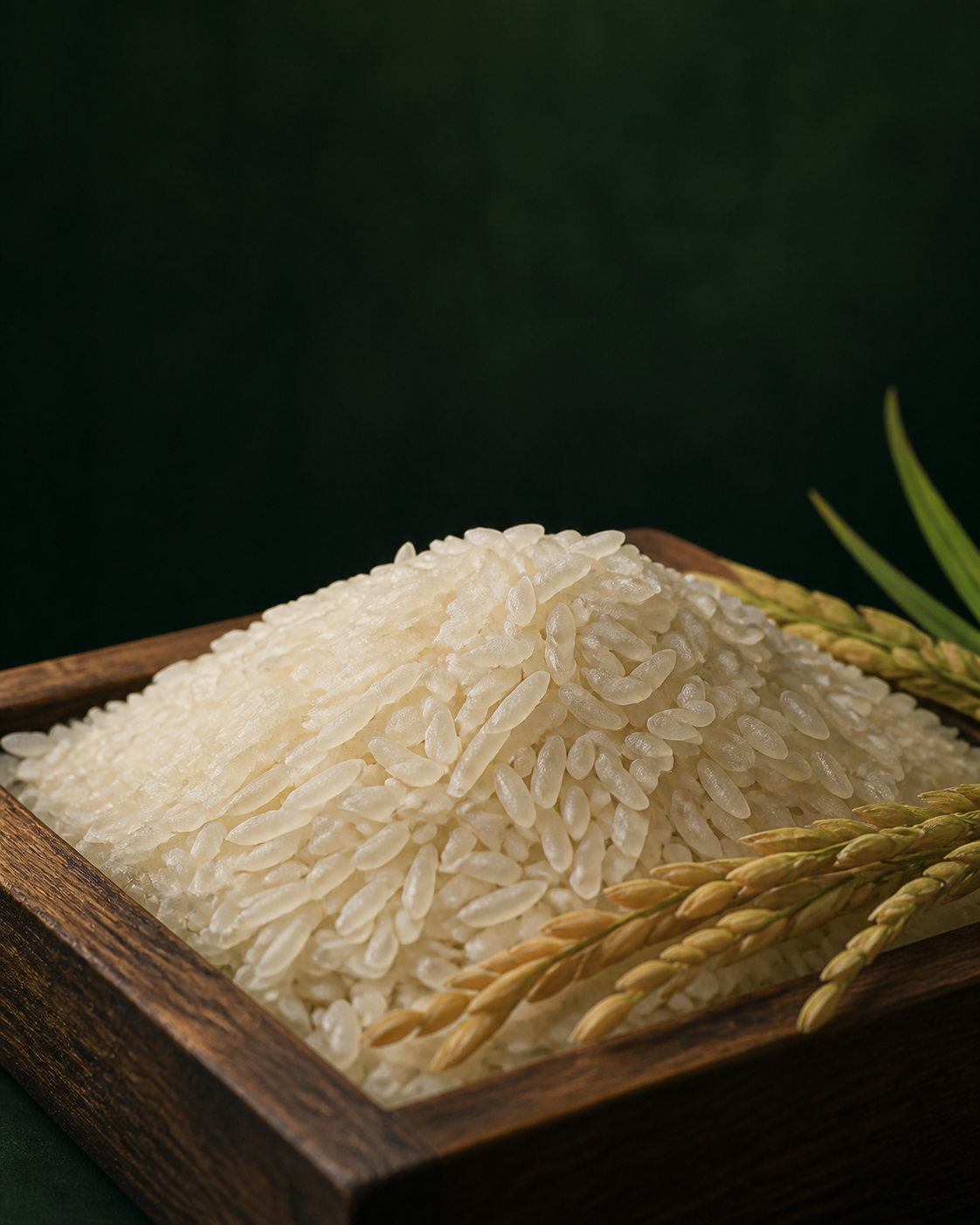 Polished white rice grains and rice panicles